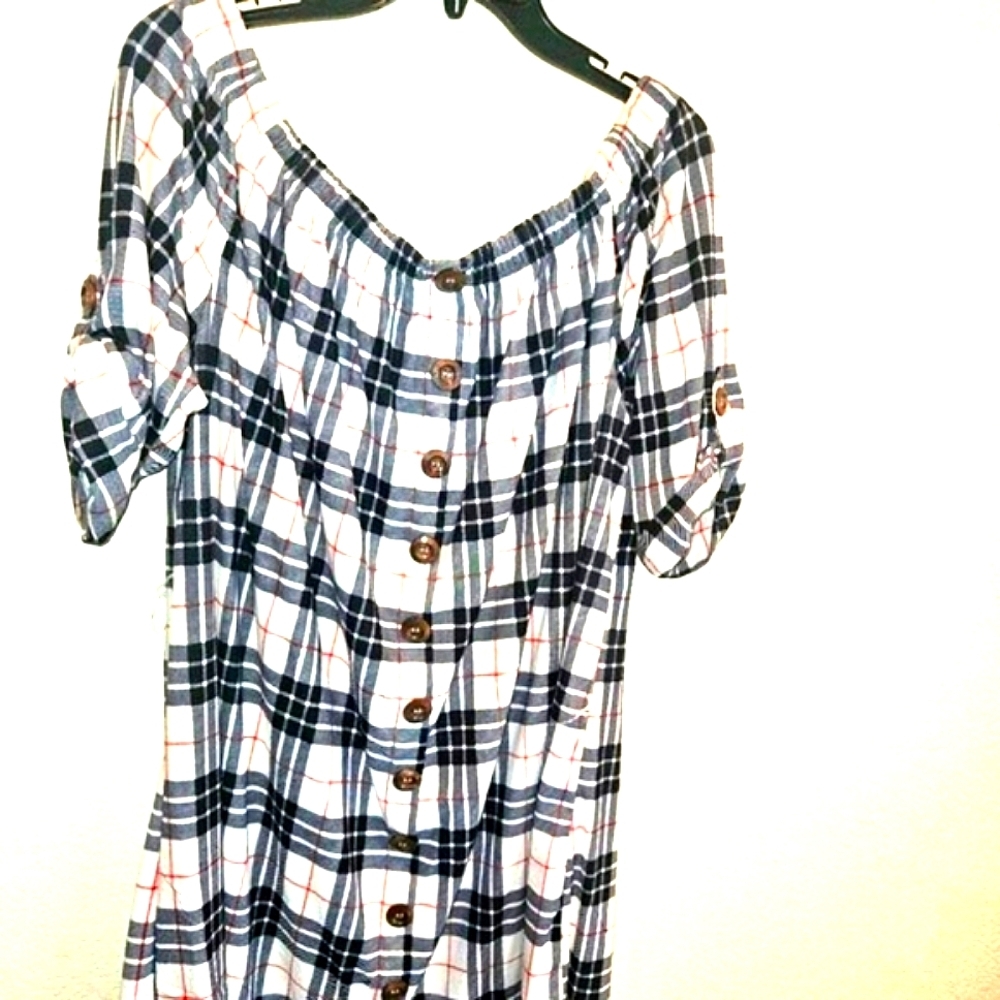 Plaid Comfy Off-Shoulder Western Country Concert Button Down Midi Dress 1X